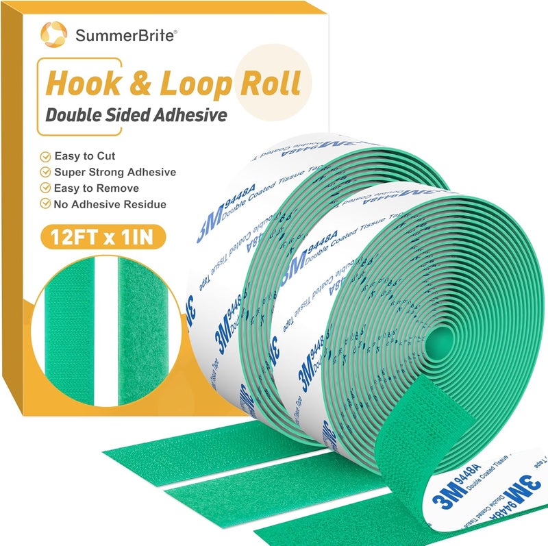 Summerbrite 12Ft x 1 Inch Hook and Loop Tape, Heavy Duty Double-Sided Adhesive Strips, Strong Sticky Back Fastener, Cuttable Interlocking Tape Fasteners for Home, Office, Car, School & DIY Crafts (Green) - Image 1